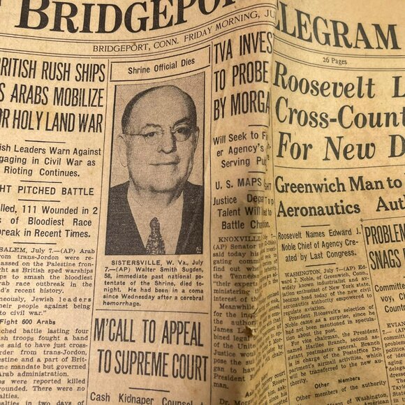 The Bridgeport Telegram Newspaper July 8 1938 Roosevelts Cross Country Drive u - Picture 3 of 10